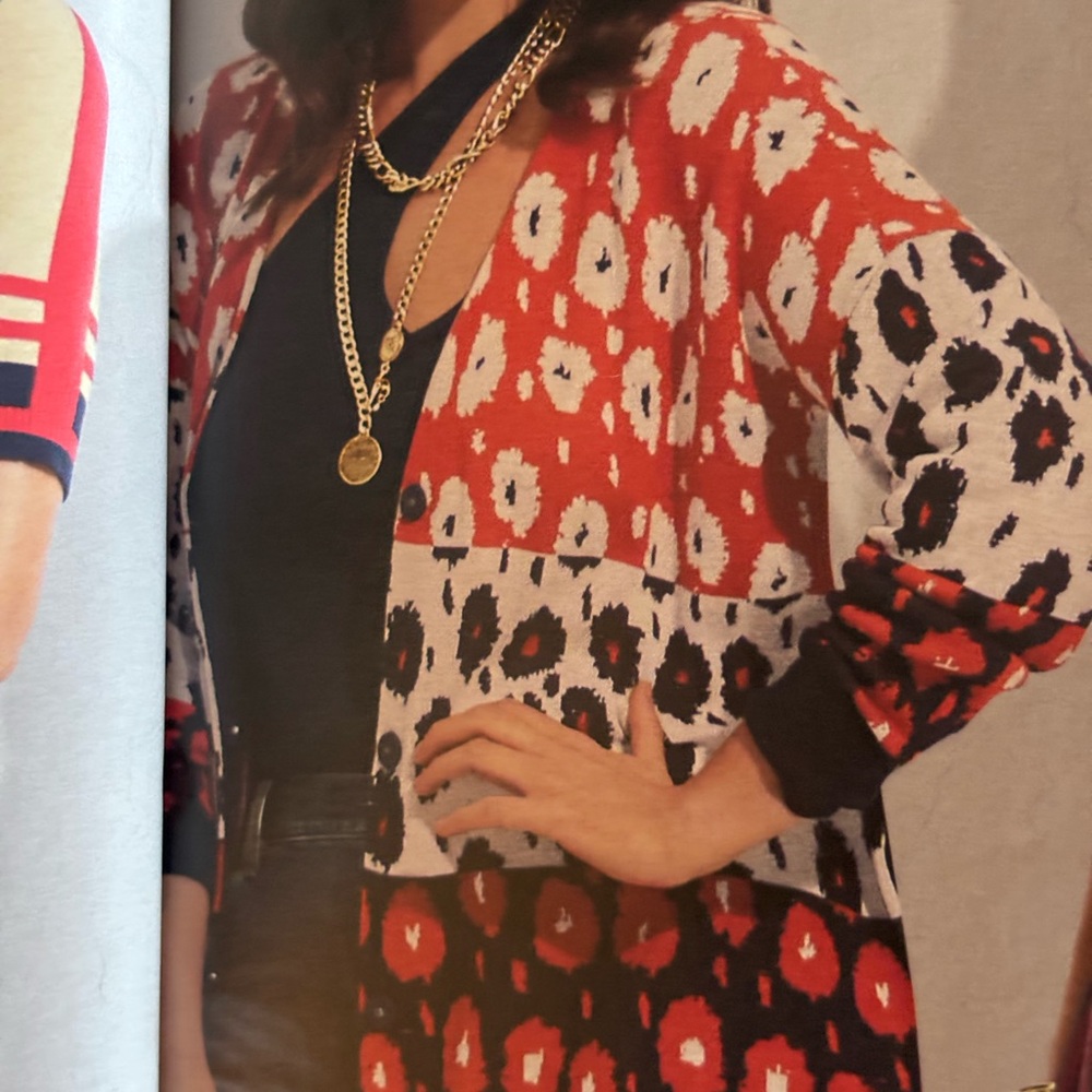 CAbi Upbeat Cardigan 6163 Size Small, generous, Red and Black Knit Sweater EUC